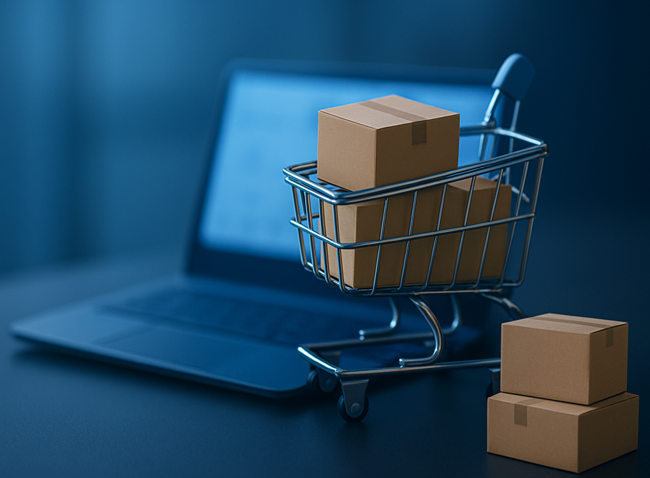 Shopping cart filled with cardboard boxes beside a laptop, symbolizing e-commerce and online distribution.