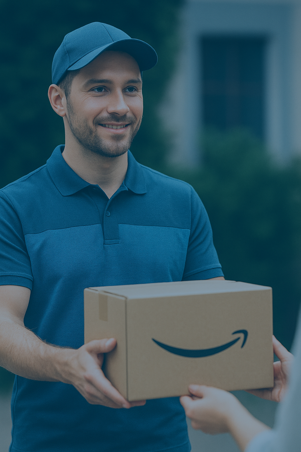 Delivery driver holding an Amazon package, representing fast and reliable order fulfillment.